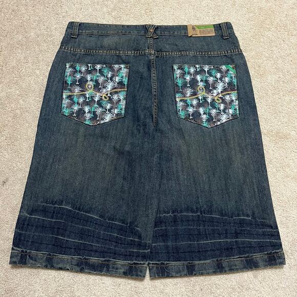 LRG Y2K Baggy Skater Teal Painted/Embroidered Black Jorts 38W - Picture 1 of 8